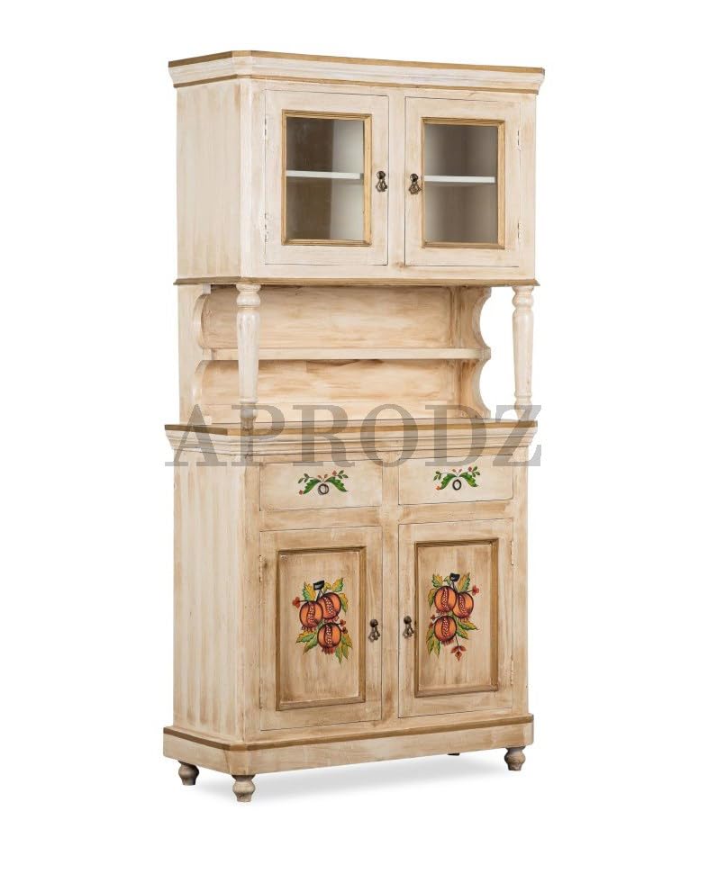 Image of APRODZ Wooden Handpainted Crockery Display Sideboard Storage Cabinet for Home (Cream & Natural Finish)