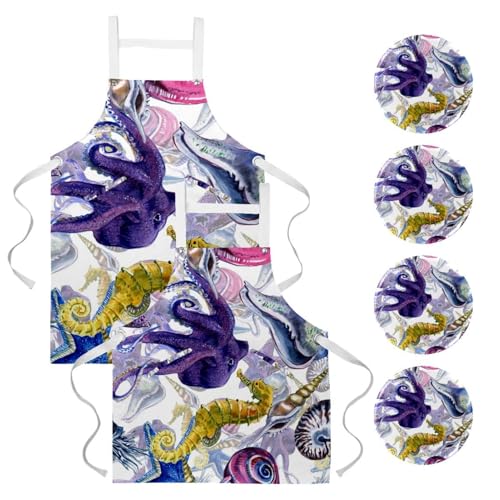 Lot de 2 tabliers de cuisine avec 4 broches à motif hippocampe et pieuvre