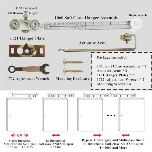 Image of 2 Set Pocket Door Soft Close Top Hanger Assemblies Fit for Johnson P /N #1060 & #1062, Works with 100, 134F, 138F, 2610F Series Track, 1 inch Nylon Ball Bearing Tri-Wheel, Bi-Direction