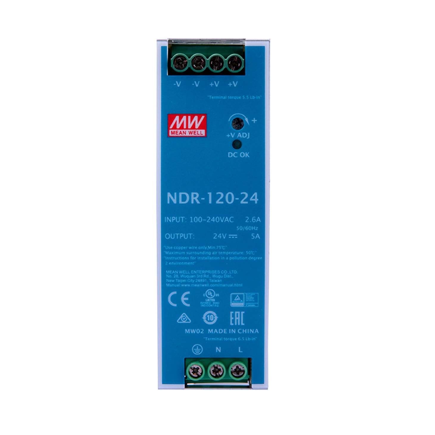 DineDeck NDR-120-24 120W 24V 5A DIN Rail Power Supply – High Efficiency Metal Housing, Wide Input Range 90-264V For Industrial Control