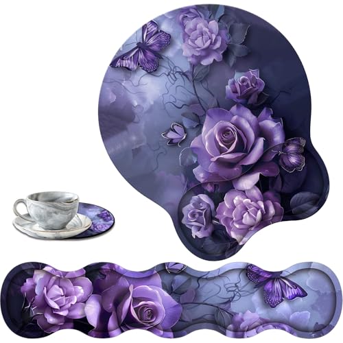 Keyboard Wrist Support + Wrist Mousepad + Coaster Combination, Non-Slip PU Base, with Gel Memory Mousepad, Suitable for Gaming, Office Pain Relief Mousepad Set - Purple Rose