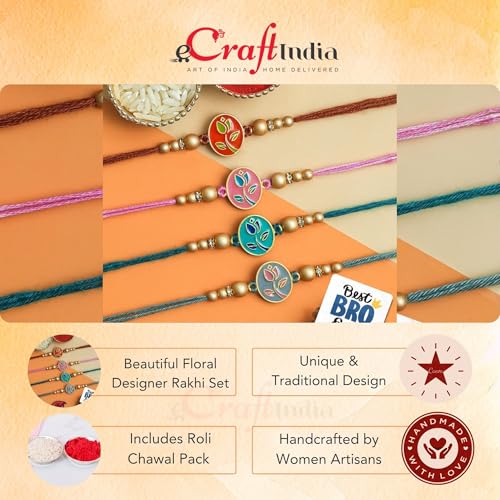 Image of eCraftIndia Beautiful Floral Designer Rakhi Set of 4 | Rakhi for Brother Bhaiya Bhai with Best Bro Ever Fridge Magnet | Roli Chawal Pack