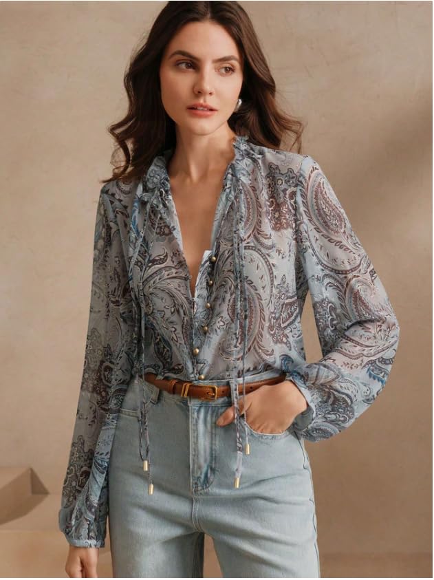 Image of Women Shirt ||Women Top || Cecily Paisley-Trim Button-Front Shirt (S-01-04)