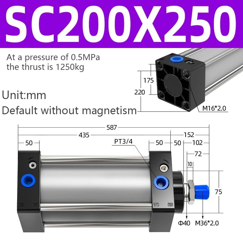 SC Cilindri Pneumatici SC200 Foro A Doppia Azione Cilindro Pneumatico Strumenti Grande Spinta Pistone 50/100/150/200/250/300/400/500/600/700mm 1 Pz(SC200X250)