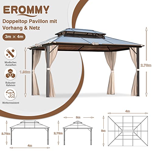 EROMMY 4 X 3 m Pavillon Doppeldach Alu Wasserdicht mit Vorhang-Seitenteile und Netz, Wetterfest Gartenpavillon Stabil Aluminiumrahmen Polycarbonat Partyzelt Hardtop für Garten, Terrasse