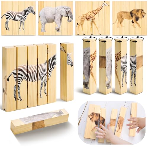 Image of Foilswirl Wooden Animal Chunky Puzzles 4 in 1 Safari Animal Block Puzzle Toy Science Educational Matching Game for Homeschool Preschool Boys and Girls