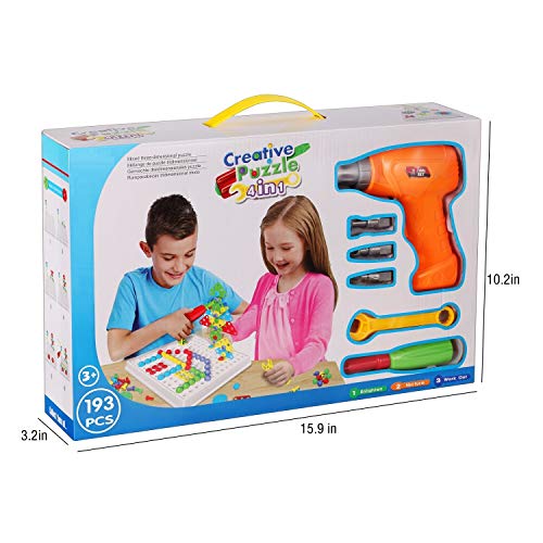 Creative Mosaic Drill Set, Drilling Toy with Screwdriver Tool, Trendy Bits Drill for Kids STEM Engineering Toys Puzzle, Toddler Drill Set Mosaic Design Building Blocks for 3 4 5 6 7 8 Year Olds