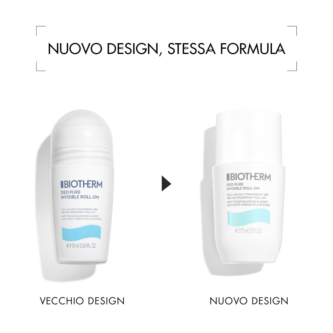 BIOTHERM, Deo Pure Invisible Roll-On, Deodorante Roll-On Antitraspirante, Efficace fino a 48H, Anti Macchie Bianche e Gialle sui Vestiti