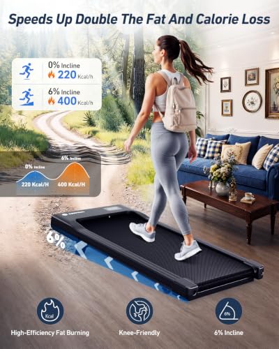 Image of DeerRun Under Desk Walking Pad Treadmill for Home Office & Small Spaces, 6% Manual Incline, 0.6-3.8 MPH Walking Speed, 2.5 HP, 300 lb Capacity, App & Remote Control