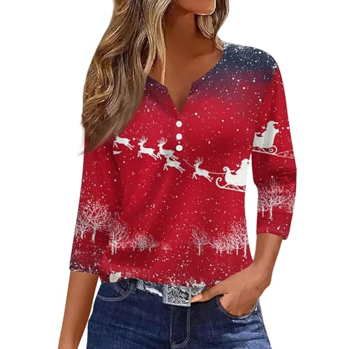 Image of Women Christmas Shirt 3 /4 Length Sleeve Henley Tops Xmas Outfits