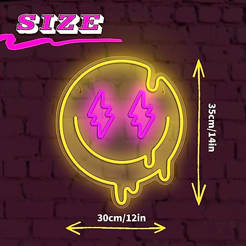 Image of Melting Smile Face Neon Sign Dimmable Melted Smiling Face Neon Signs for Wall Decor Neon Smile Light Signs for Kids Room Party Bedroom Wall Art Decor USB Powered Holiday Gift