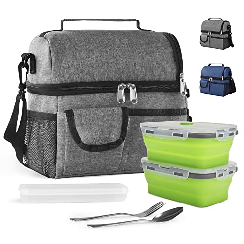 Sac Isotherme Repas 8L Sac à Déjeuner Isotherme Portable Sac à Lunch Isolé avec 2 boîte à lunch pliable et couverts pour Femmes Hommes et Étudiants à l’École et au Bureau(Grey+2 Boîte à Lunch)