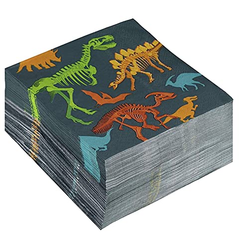 Dino Napkins - 100-Pack Dinosaur Fossil Skeleton Disposable Paper Napkins, Kids Birthday Dinosaur Party Supplies, Luncheon Size Folded 6.5 X 6.5 Inches #TOP4