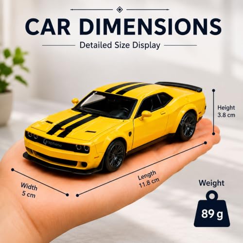 Image of GRAPHENE 1:32 Scale Challenger Style Die Cast Muscle Sports Car Toy Metal Alloy Pull Back with Openable Doors Light & Sound Miniature Pull Back Racing Vehicle for Kids Boys Girls Age+3 (Yellow)