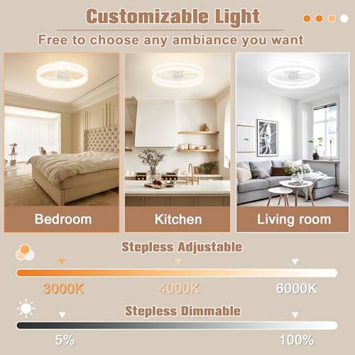 Image of VOLISUN Fandelier Ceiling Fans with Lights and Remote, 15.7in Low Profile Ceiling Fan Flush Mount, 3000K-6500K Dimmable Bladeless LED Fan Light, White Modern Ceiling Fans with Lights for Bedroom