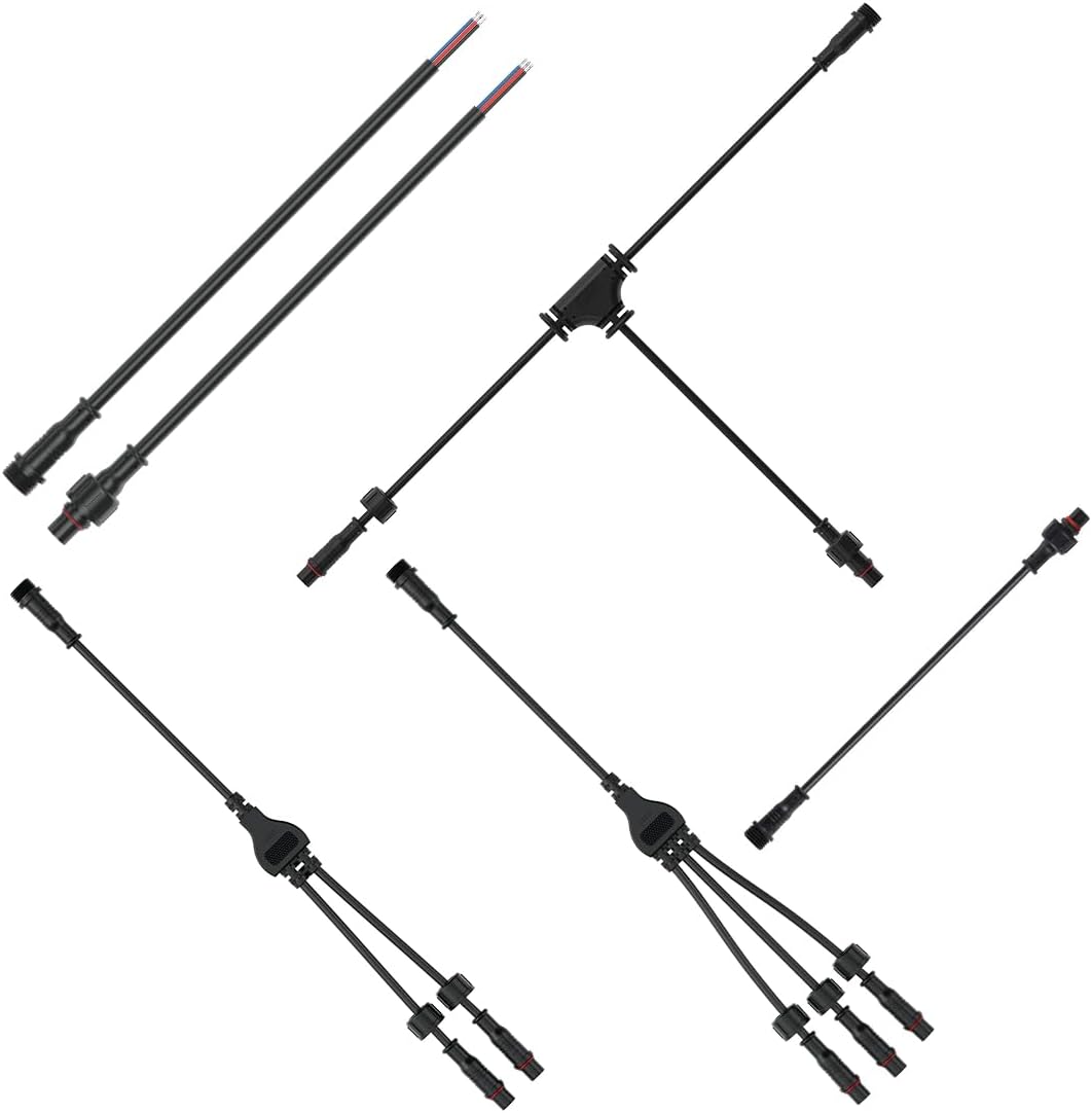 2Pin Small Size IP65 22AWG 7.87in/20cm Electrical Male Female Connector 3.2FT Extension Cable Connector Y Shape 1 to 2,1 to 3 Spillter Tee shape Connector for Car,Indoor/Outdoor LED Strip/String 15mm