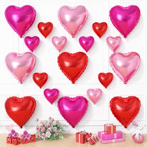Red Pink Heart Balloons, 19PCS Foil Heart Balloons for Valentine Birthday