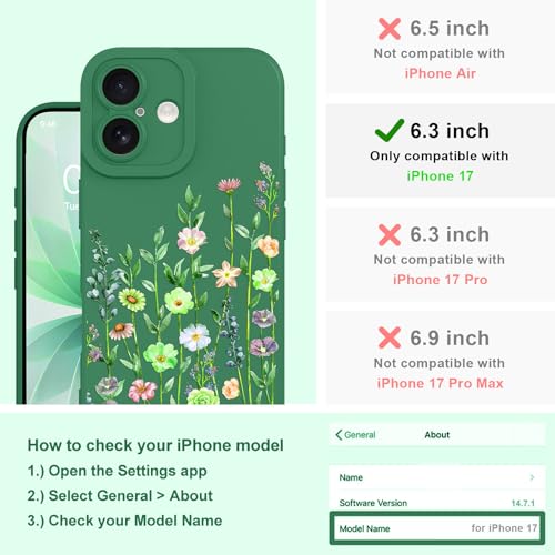 Image of Designed for iPhone 17 Case Flower for Women Girls, Green | Cute Floral Pattern Liquid Silicone Phone Case [Full Camera Protection] Slim Soft TPU Protective Cover