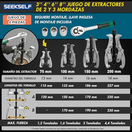 Extractor de engranajes ajustable de 3 a 8 pulgadas con garras intercambiables y llave 4