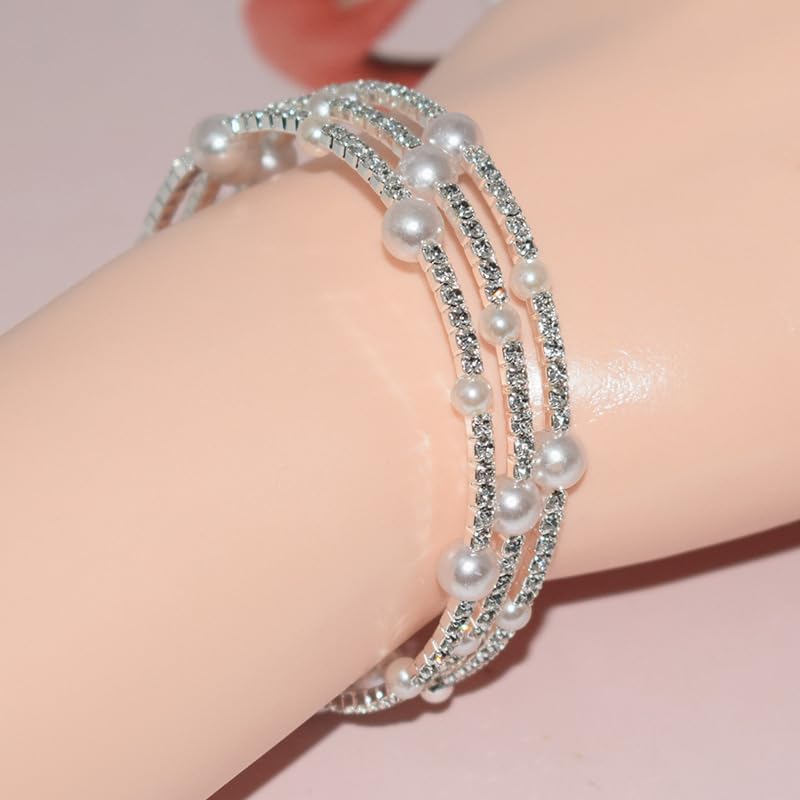 DATOA Sparkling Pearl Rhinestone Multi Layered Stretch Wrap Pearl Bracelet Shiny Vintage Strand Layered Bracelet Gift for Women Brides Wedding - Image 2
