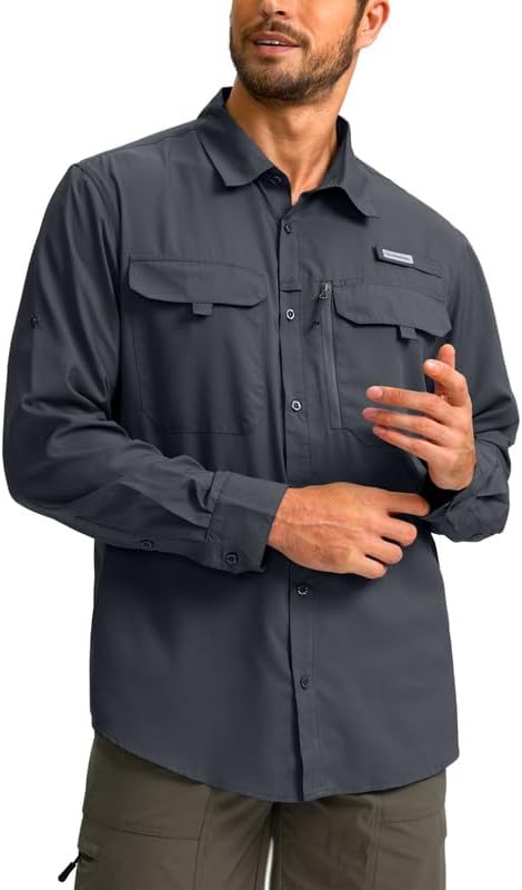 Men's Sun Protection Fishing Shirt with Zipper Pockets Long Sleeve UPF 50+ UV Cooling Shirts for Men Hiking Travel Dark Grey Large
