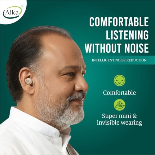 Image of Aika Mini Rechargeable CIC Digital Hearing Aid Sound Amplifier Machine for Old age with Auto Noise Cancellation, Clear Sound and Dry Kit (For Single Ear, Beige)