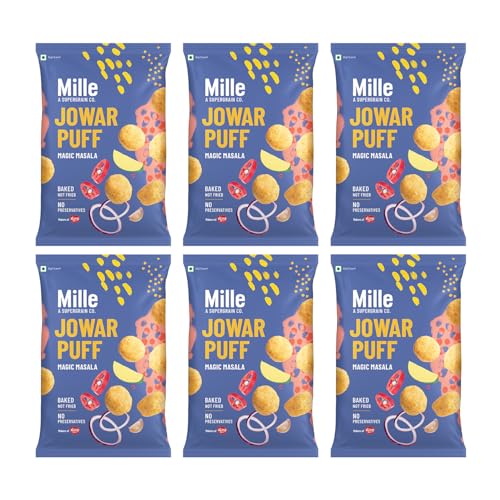 Image of Mille Jowar Puffs Magic Masala | 37% Millets | Baked | No Palm Oil | No Preservatives | Healthy Snacks | Naturally Gluten Free | 35g x 6