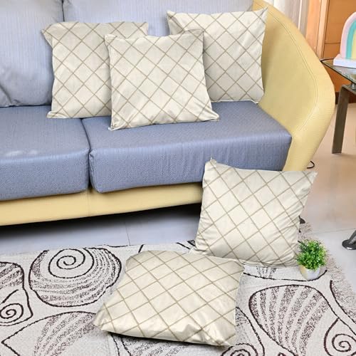 Image of Divine Casa Decorative Cushion Cover Set of 5 Sand | Velvet Feel Polyester Cushion Covers 16x16 Inch | Sofa Cushion Covers with Golden Lace Border | Elegant Cushion Covers
