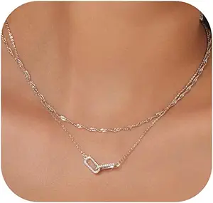 Gold Necklace for Women Dainty Layered Diamond Necklace Trendy 14K Gold Plated Paperclip Choker Necklaces Cute Minimalist Open Oval Star Necklaces Jewelry for Women Gifts