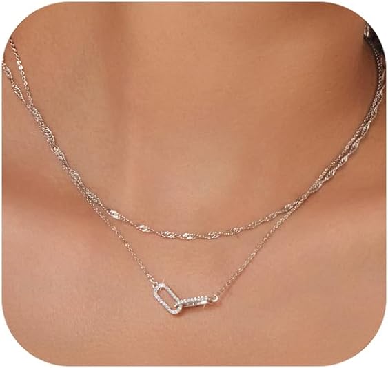 Gold Necklace for Women Dainty Layered Diamond Necklace Trendy 14K Gold Plated Paperclip Choker Necklaces Cute Minimalist Open Oval Star Necklaces Jewelry for Women Gifts