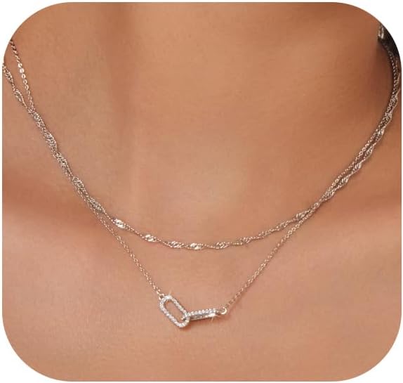 Gold Necklace for Women Dainty Layered Diamond Necklace Trendy 14K Gold Plated Paperclip Choker Necklaces Cute Minimalist Open Oval Star Necklaces Jewelry for Women Gifts