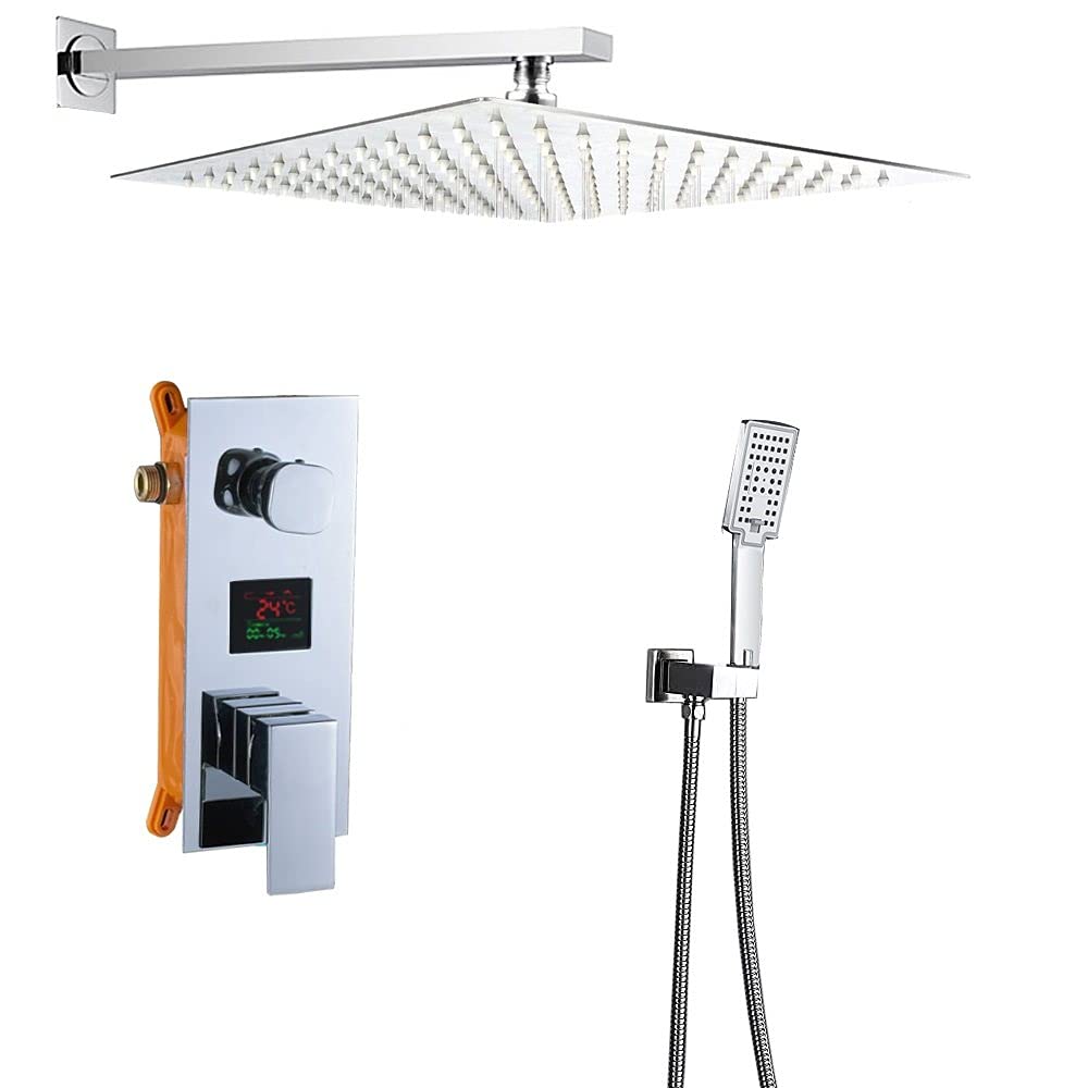 WXPGFEQ Bathroom Faucet Chrome Digital Display Rainfall Shower Bath Faucet Wall Mount Bathtub Shower Mixer Tap Bathroom Shower,12 inch Shower Set (12 Inch Shower Set)