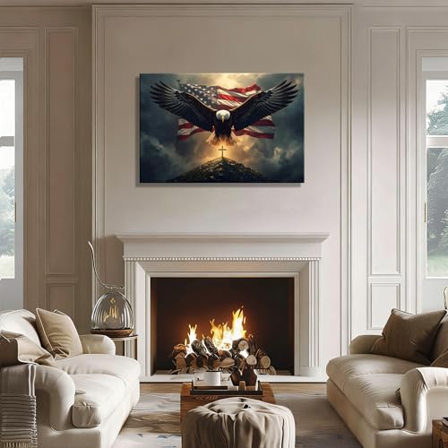Image of Patriotic Bald Eagle with US Flag & Cross Canvas Wall Art, Christian 4th of July Patriotic Wall Decor, Framed Inspirational Canvas Prints, Independence Day Pictures for Office, Bedroom