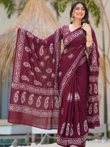 Image of Women's Pure Cotton Printed Saree with Traditional Batik Inspired Border Design, Soft Lightweight Daily Wear Saree with Unstitched Blouse Piece for Festive, Casual and Office Wear