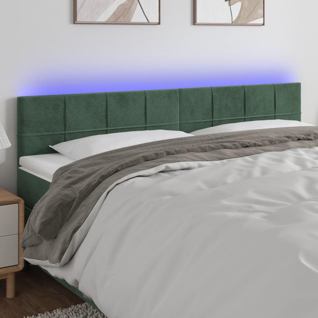 Cabecero de cama LED de terciopelo, 180 x 5 x 78/88 cm, altura regulable, color verde oscuro con luces de colores, moderno cabecero tapizado para jóvenes y adultos