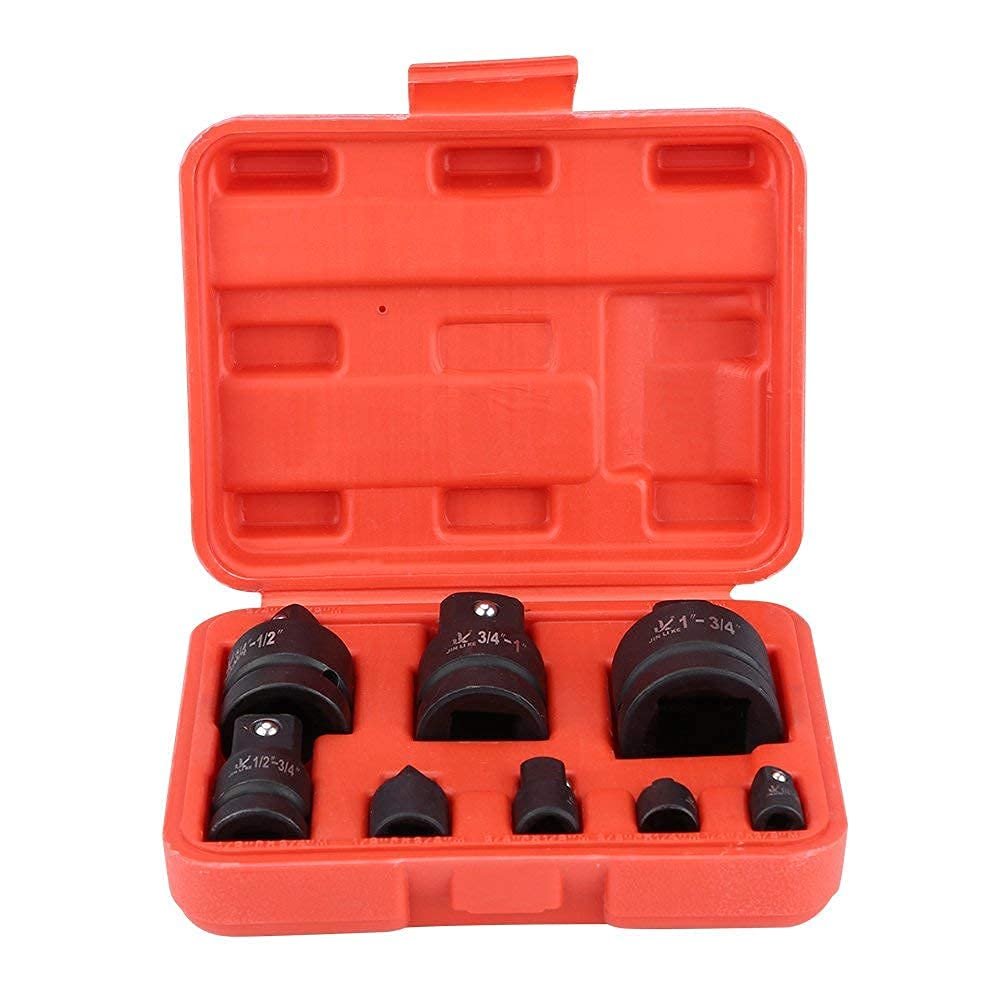 Lot de 8 adaptateurs de convertisseur de douilles à chocs 1/4" 3/8" 1/2" 3/4" 1" avec un boîtier en plastique rouge
