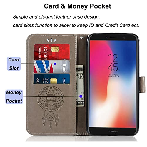 Sidande Case For Huawei Y6 Prime 2018/Y6 2018/Honor 7A/Enjoy 8E Wallet Case With Card Holder, [Wrist Strap] Owl Premium Pu Leather Flip Phone Case Cover For Huawei Y6 2018 (Grey) #TOP2