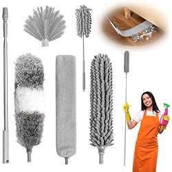 Ventilador Techo 6 Palas 6 Piezas Plumero telescópico, Palo Extensible Limpieza, Largo Extensible hasta 2,4 m y Lavable, Duster Limpieza Ventiladores Techo Alto, para Telaraña, Ventanas, Muebles, Ventilador de Techo