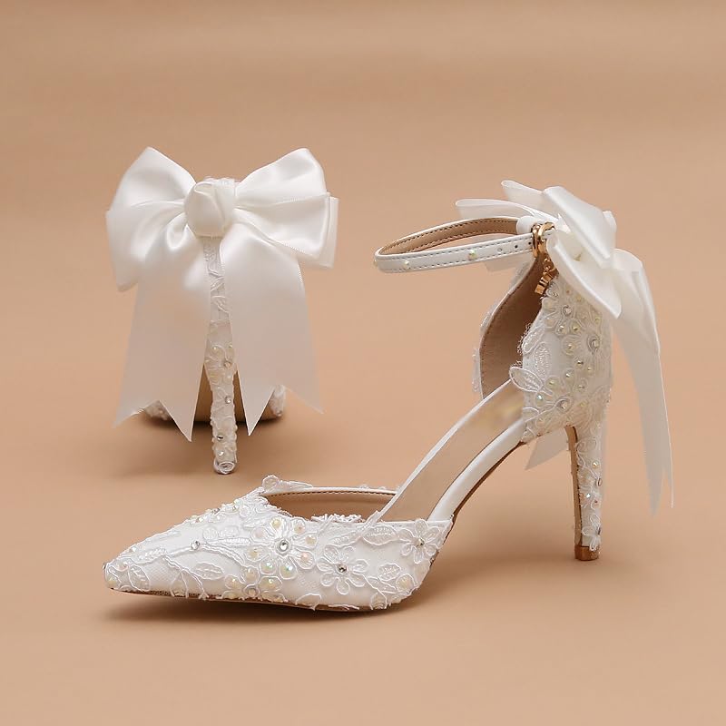 White lace Rhine-Diamond Pointy Heels Sweet Bow Stiletto Bridal Shoes2