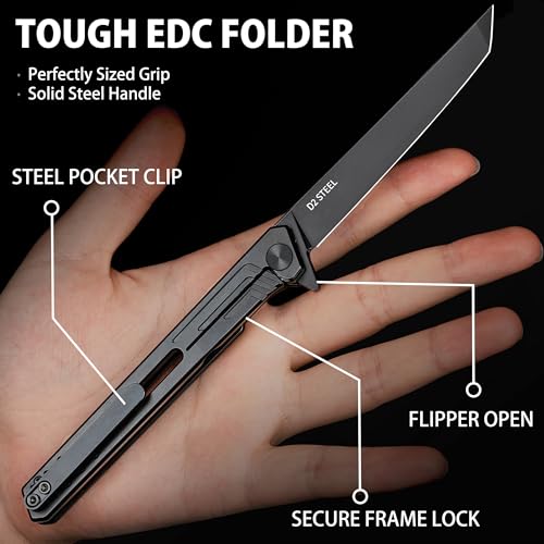 Image of VALHALLA Slim EDC Pocket Knife, 3.48'' D2 Steel Tanto Folding Knife | Compact Work Knife, Pocket Knife For Men with Clip, Frame Lock, Gift For Men Women