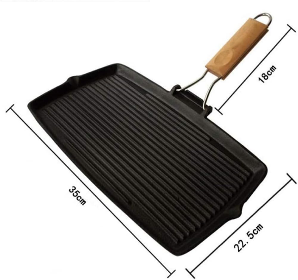 Bistecchiera in ghisa, con manico pieghevole, rettangolare, per bistecca o barbecue, 35 x 22,5 cm, manico pieghevole, nero
