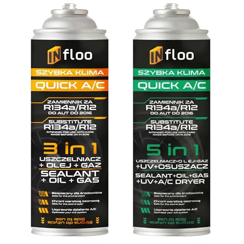 INfloo Quick A/C R134a 5in1 + 3in1 – Kältemittel Ersatzgas mit Öl, Dichtmittel, UV-Kontrastmittel und Trockner + Handschuhe – Set zur Befüllung der Auto Klimaanlage für Fahrzeuge 1994–2016