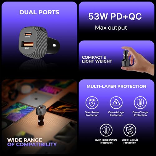 Image of DR VAKU TROSVOLT 53W Car Charger Fast Charging Dual Port Type C PD QC PPS 3.0 USB Car Mobile Laptop Adapter for iPhone 17 /16 /15 /14 /13 etc., Samsung All Series, Tablets, & Android Smartphones- Black