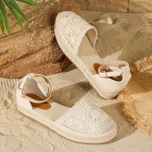 Lossarye Women's Platform Closed Toe Espadrille Sandals Adjustable Ankle Strap Comfortable Round Toe Breathable Flat Sandals for Summer Vocation Beach Dressy Shoes3
