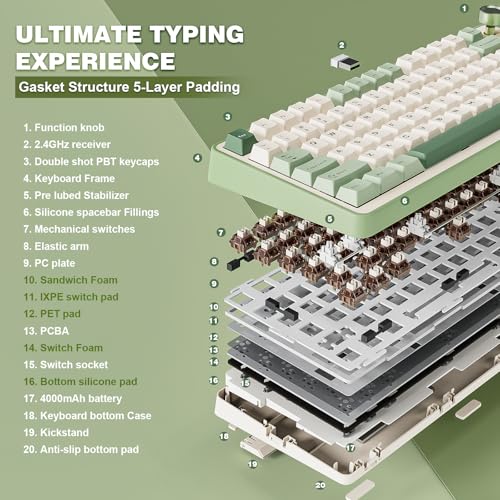 Image of YUNZII B75 PRO Wireless Mechanical Keyboard,75% Layout with Knob,Hot Swap Gasket Structure,Creamy Pre-lubed Switches,RGB Backlit,Bluetooth /Type-C /2.4G for Win /Mac (Matcha Green, Cocoa Cream V2 Switch)