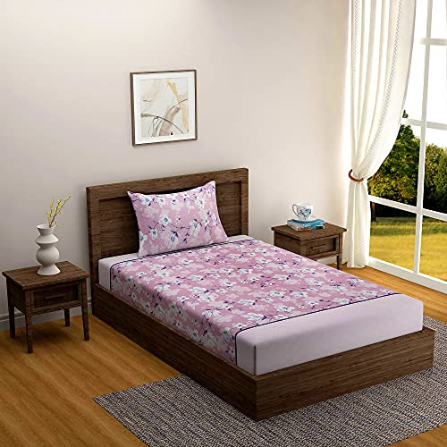 Image of Swayam Roto Cotton Single Bedsheet with 1 Pillow Cover | Size 60 x 90 inch | 144 TC | Floral Design | Soft Breathable Bed Sheet | Comfortable & Durable for Bedroom - Pink