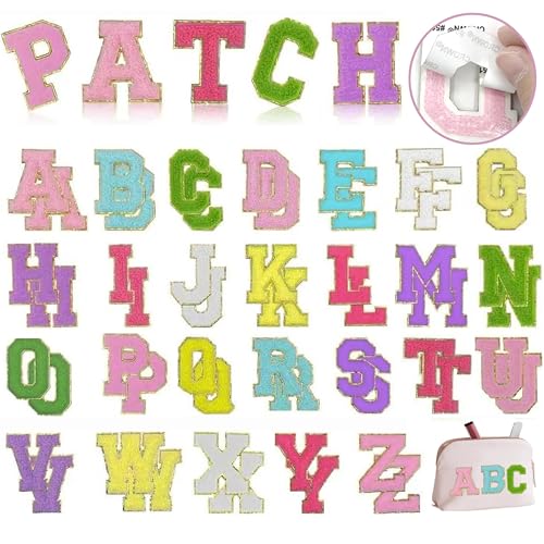 Self-Adhesive Chenille Letters Patches Include 52 A-Z Chenille Letter Patches Stickers Varsity Style Self Adhesive Appliques for Clothing Backpacks Make-up Bags DIY Gifts Decor (Multi Color)