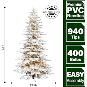 Fraser hill farm 65 ft mountain pine flocked artificial christmas tree with white incandescent smart lights and stand prelit foldable fake tree with realistic snowy foliage for home decoration  urban country home decor