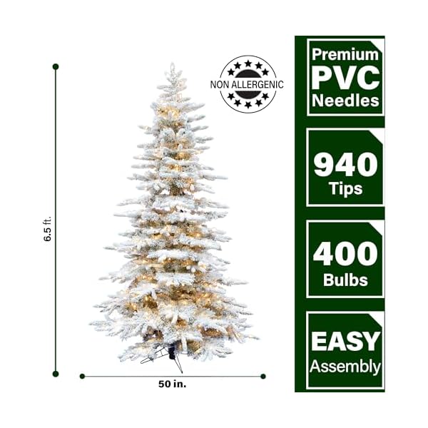 Fraser hill farm 65 ft mountain pine flocked artificial christmas tree with white incandescent smart lights and stand prelit foldable fake tree with realistic snowy foliage for home decoration  urban country home decor