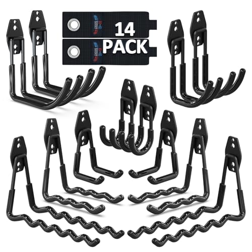 3-H Heavy Duty Garage Hooks with Extra Welding Spots, Utility Hooks for Hanging, Garage Organizer for Garden, Lawn, Yard Tools, Chairs, Ladders, WeedEater, Shovel(Black)